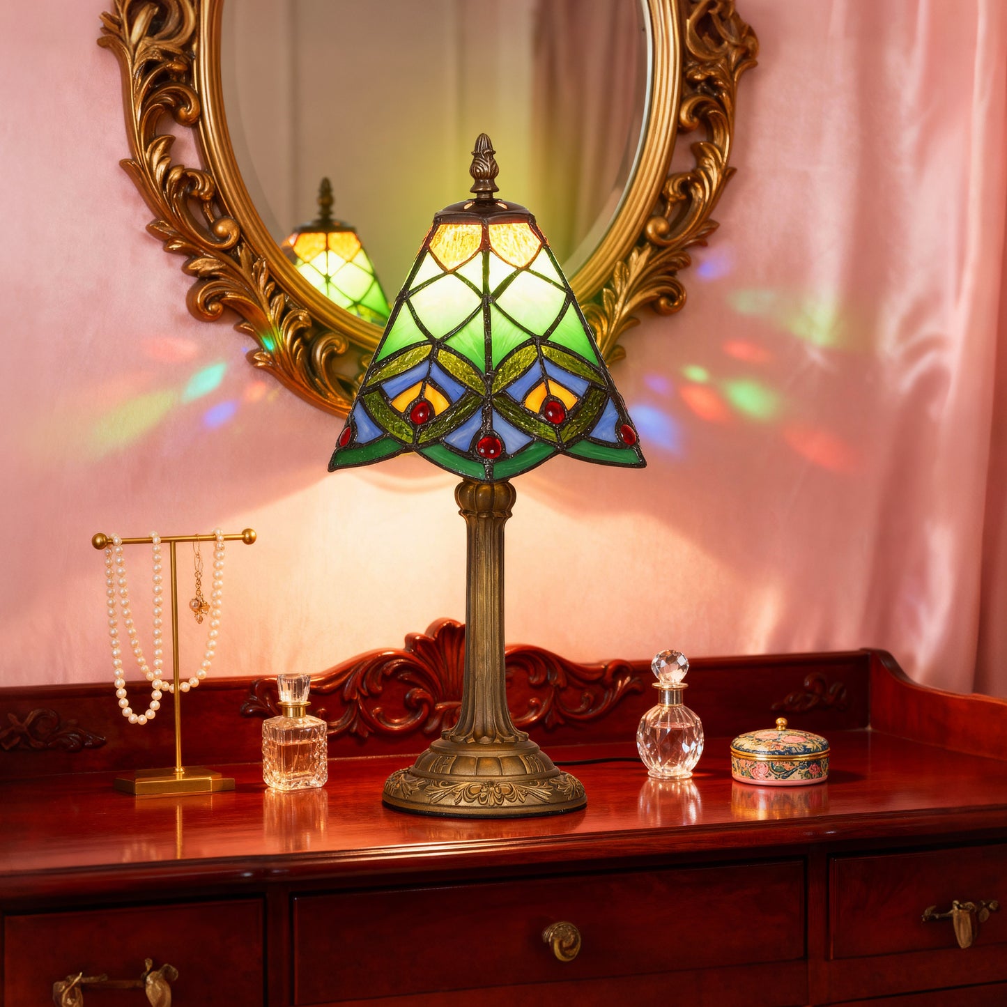 HOMCOM Tiffany Style Table Lamp Geometric Patterns Handcrafted Antique Stained Glass Bedside Lamp Green E27 Socket