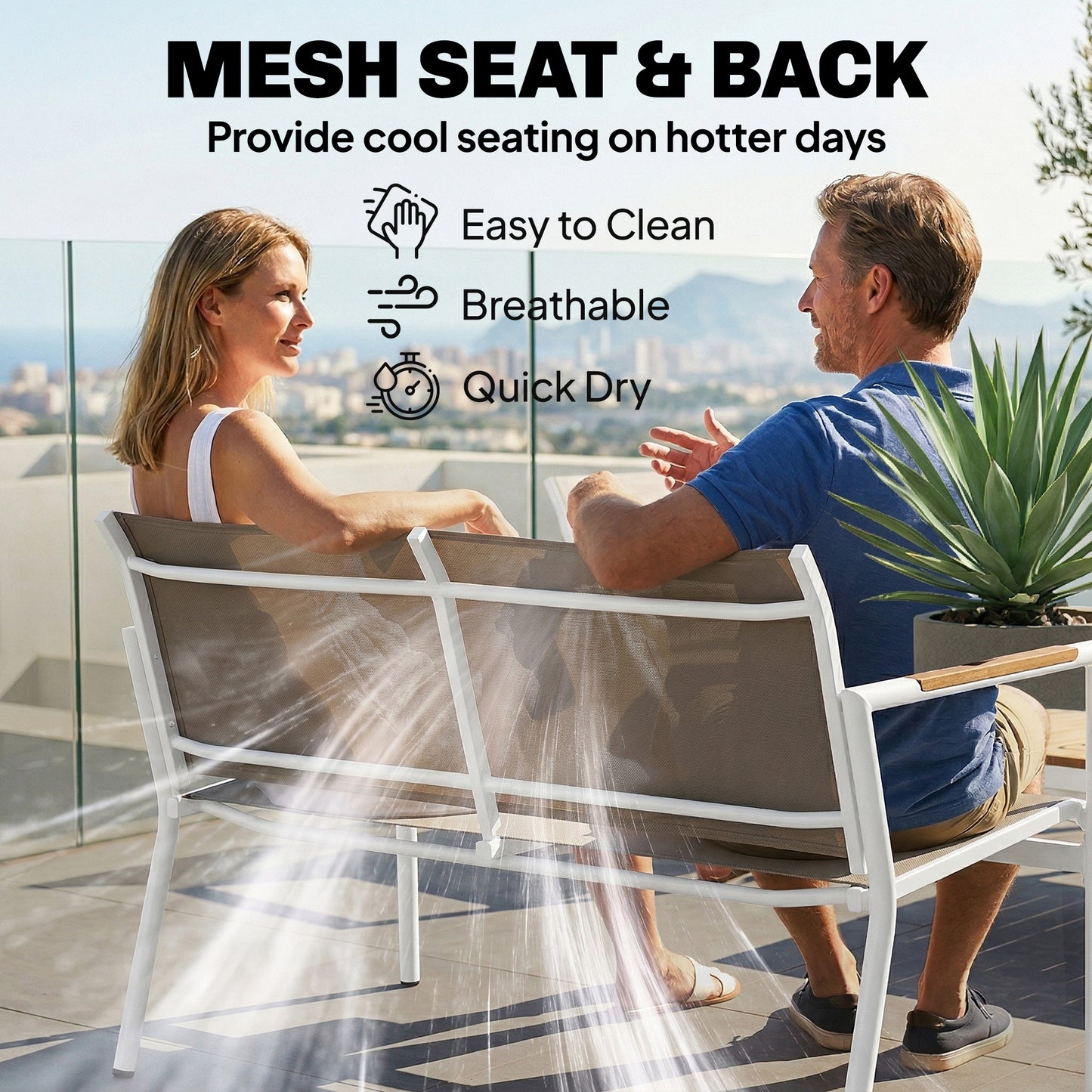 Outsunny 4 Seater Garden Furniture Set With Loveseat Armchairs And Table Metal Frame Breathable Mesh Seats Khaki
