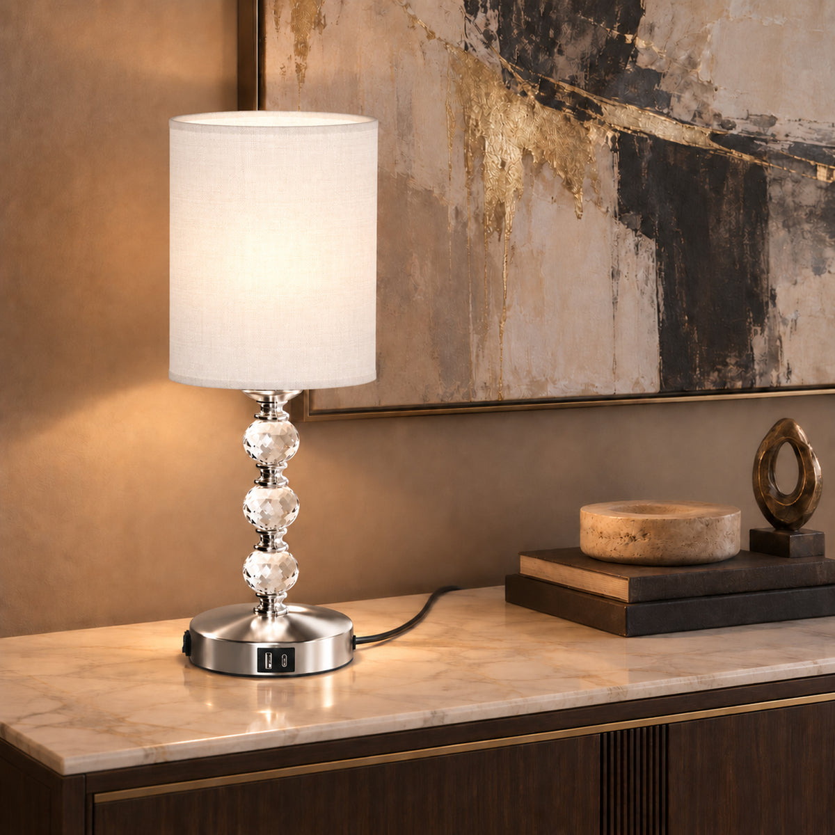 Crystal bedside lamp with white shade and clear crystal stack on metal base