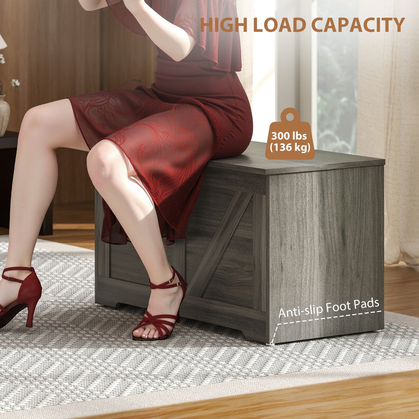 HOMCOM 100L Storage Ottoman Box With Safety Hinges In Charcoal Grey Seatable Trunk