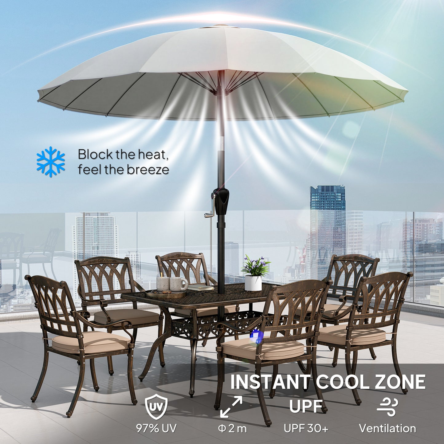 Outsunny 2 Meter Shanghai Garden Parasol Umbrella With 16 Fibreglass Ribs And Crank Tilt UPF30 Plus Light Grey