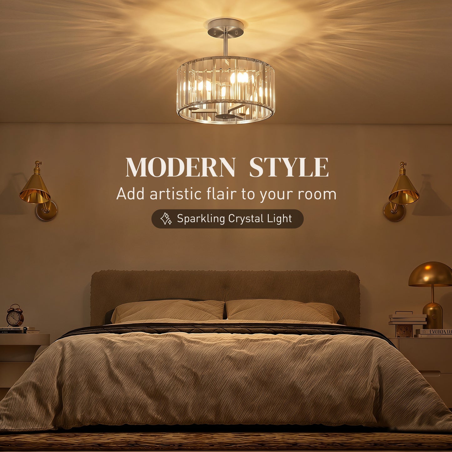 HOMCOM Semi Flush Mount Modern Crystal Chandelier Ceiling Light With E14 Base Silver Tone
