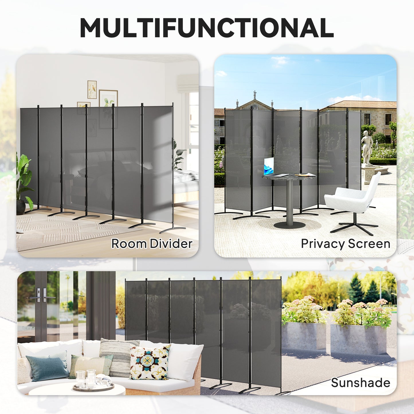 Outsunny 6 Panel Folding Room Divider Freestanding Garden Privacy Screen 332 X 172 cm Dark Grey