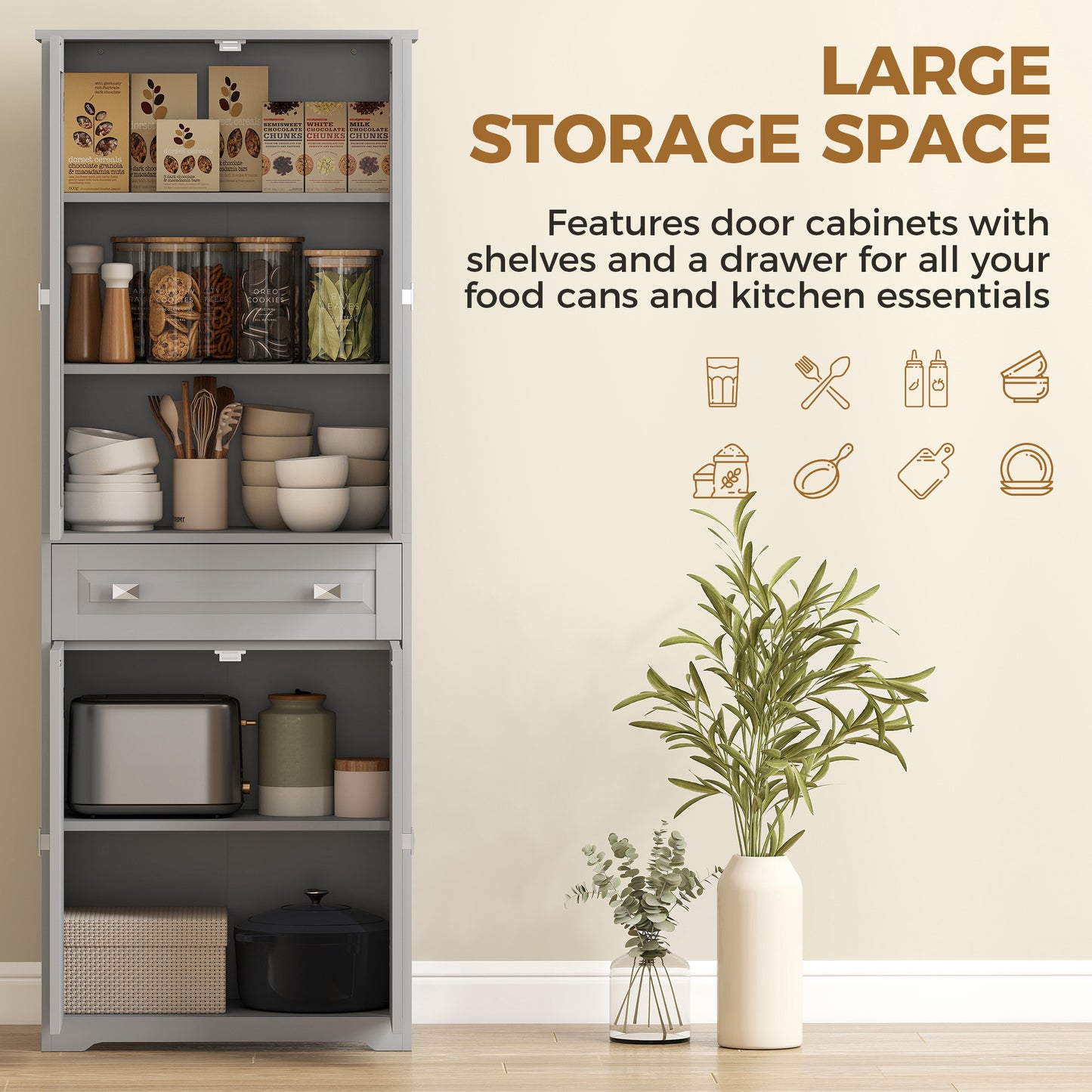 HOMCOM Freestanding Kitchen Cupboard With 2 Adjustable Shelves Drawer Glass Door Living Room Grey