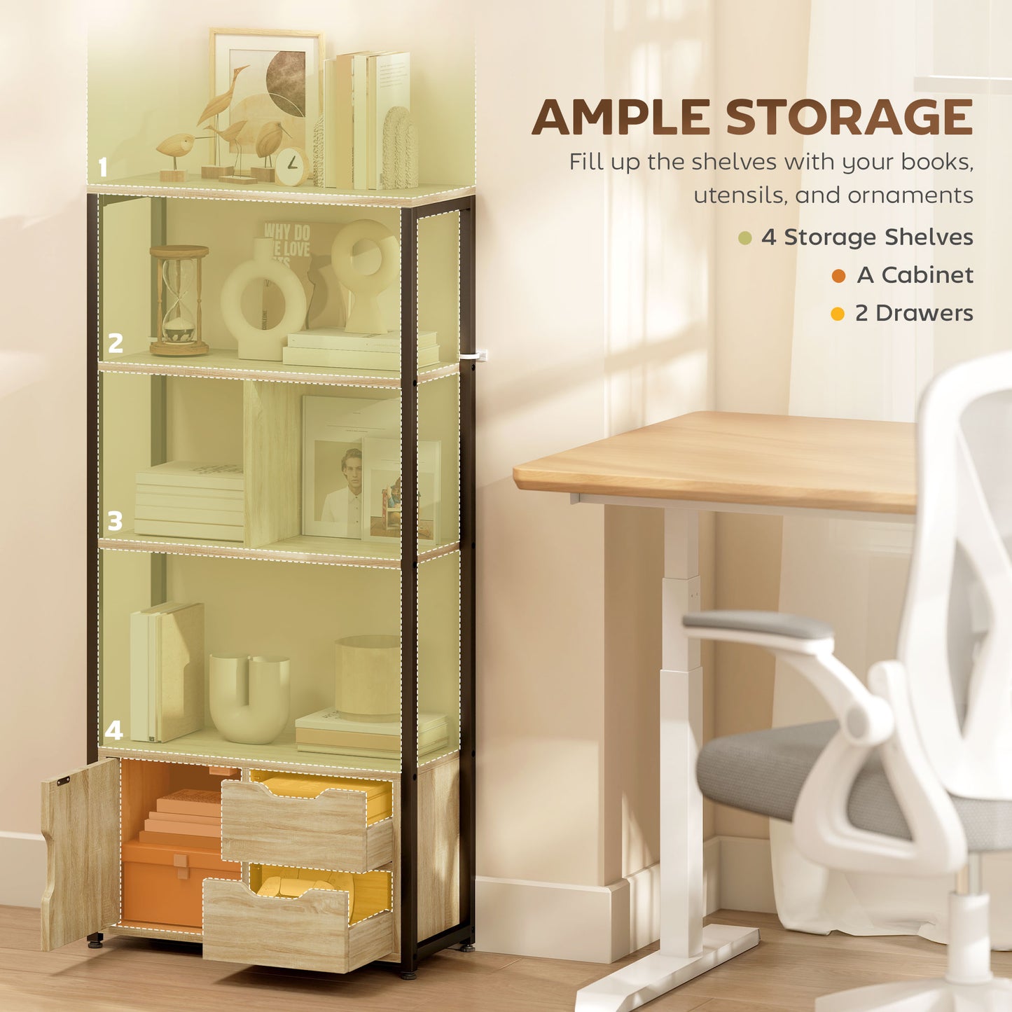 HOMCOM 4 Tier Bookcase With Cabinet And 2 Drawers Natural Wood Industrial Loft Style For Living Room Bedroom And Study