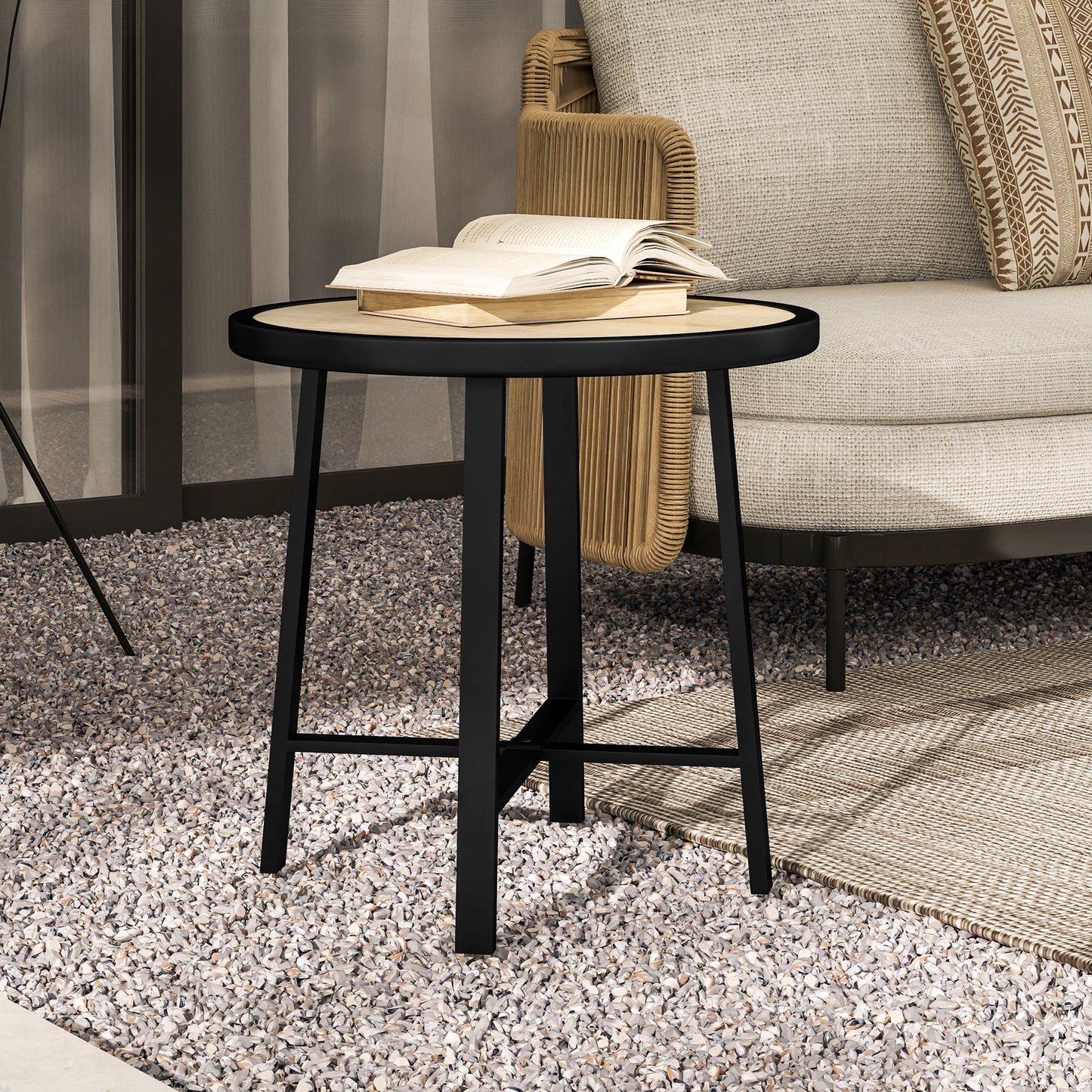 Outsunny Round Garden Table 50.5cm With SPC Tabletop And Metal Frame Anti Slip Feet Nature Wood Finish Outdoor Balcony