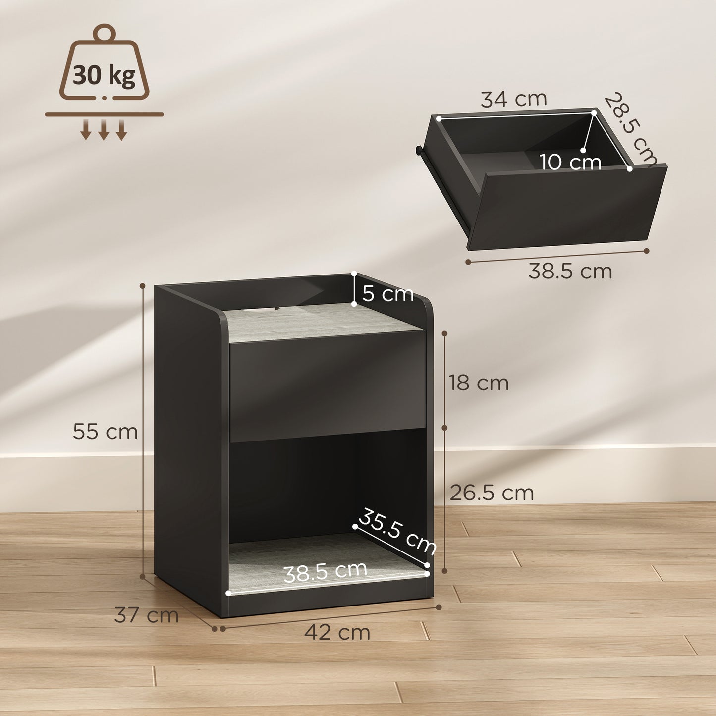 Modern Bedside Nightstand With Drawer Shelf And Cable Holes Grey
