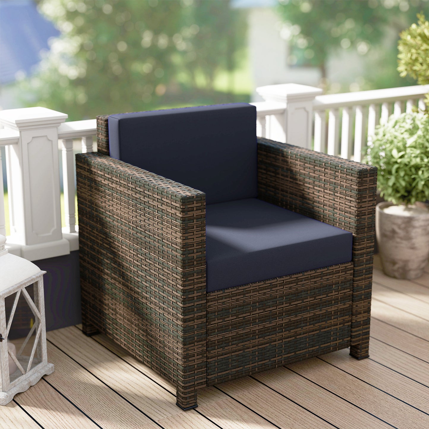 Outsunny PE Rattan Garden Armchair With Cushions Mixed Brown Navy Blue Water Resistant 10 Cm Thick