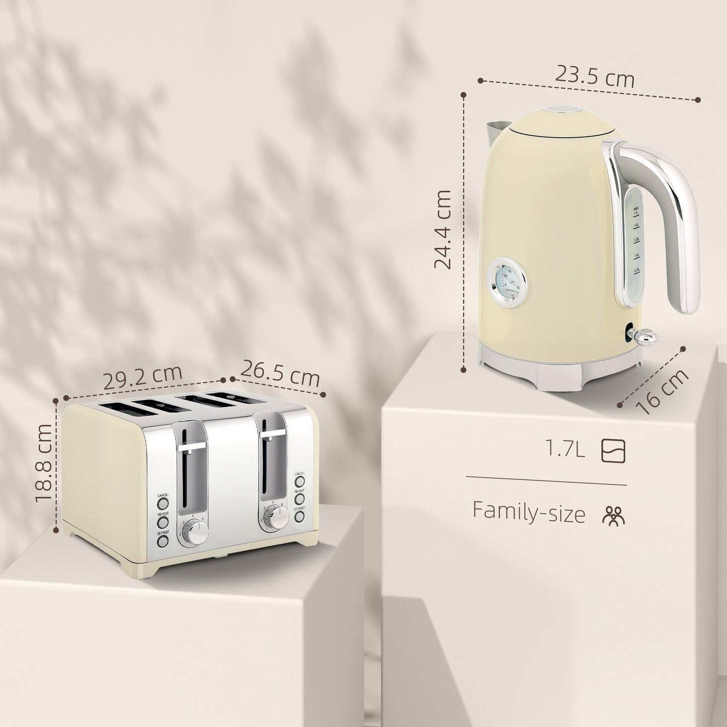 HOMCOM Retro 3000W Kettle And Toaster Set Cream Vintage Style Kitchen Appliances