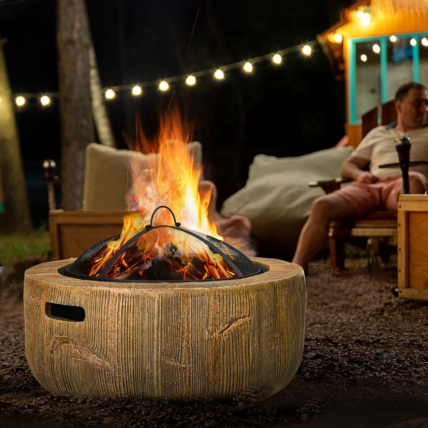 Outsunny Outdoor Fire Pit 61.5 Cm Metal Wood Burning Fireplace With Spark Cover And Poker Woodgrain Design