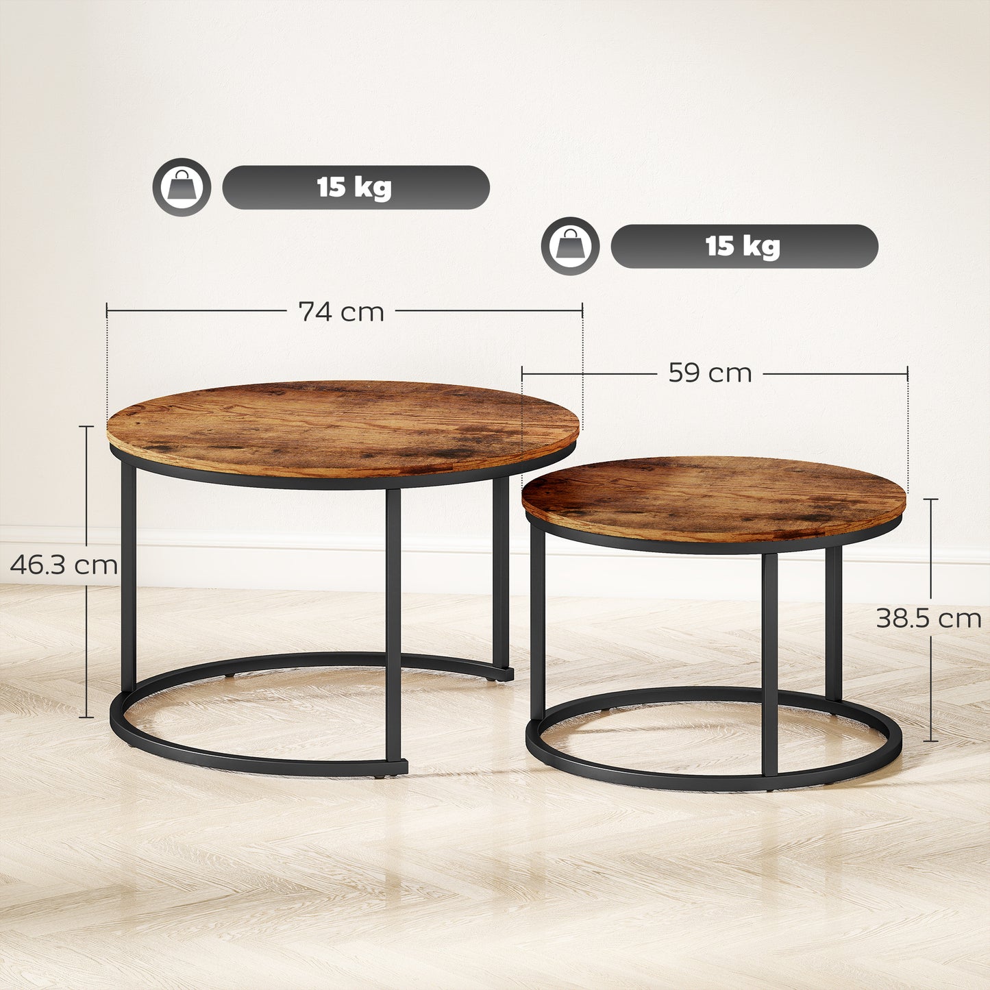 HOMCOM Coffee Table Set of 2 Round Nesting Tables with Metal Frame Rustic Brown Modern Living Room Side Tables