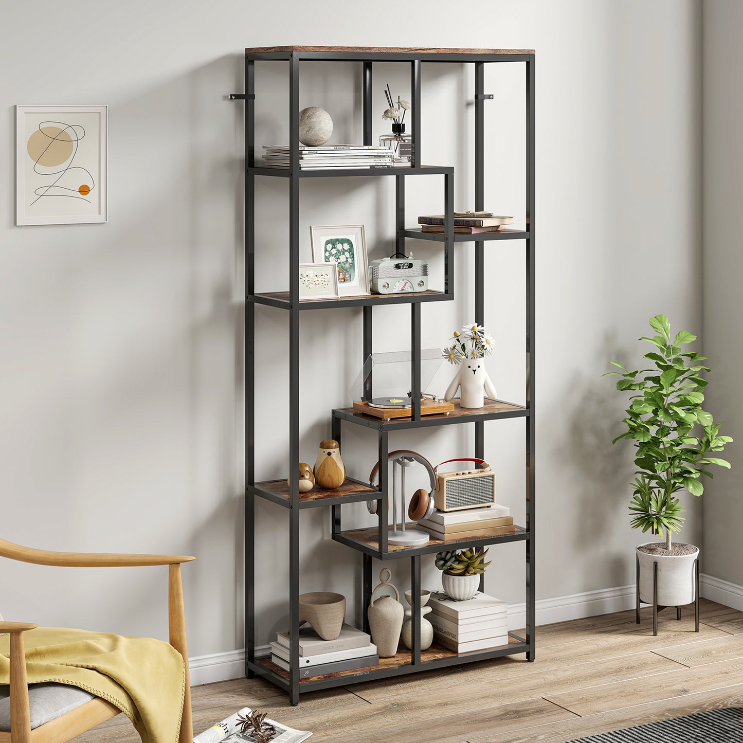 HOMCOM Seven Tier Geometric Bookcase Brown And Black Metal Frame Shelving Unit For Display