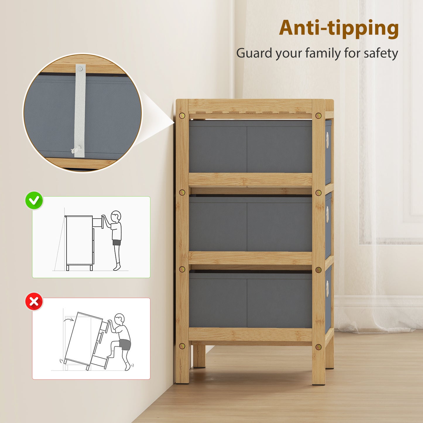 HOMCOM Narrow Chest Of Drawers With Bamboo Frame And 3 Fabric Drawers In Light Grey