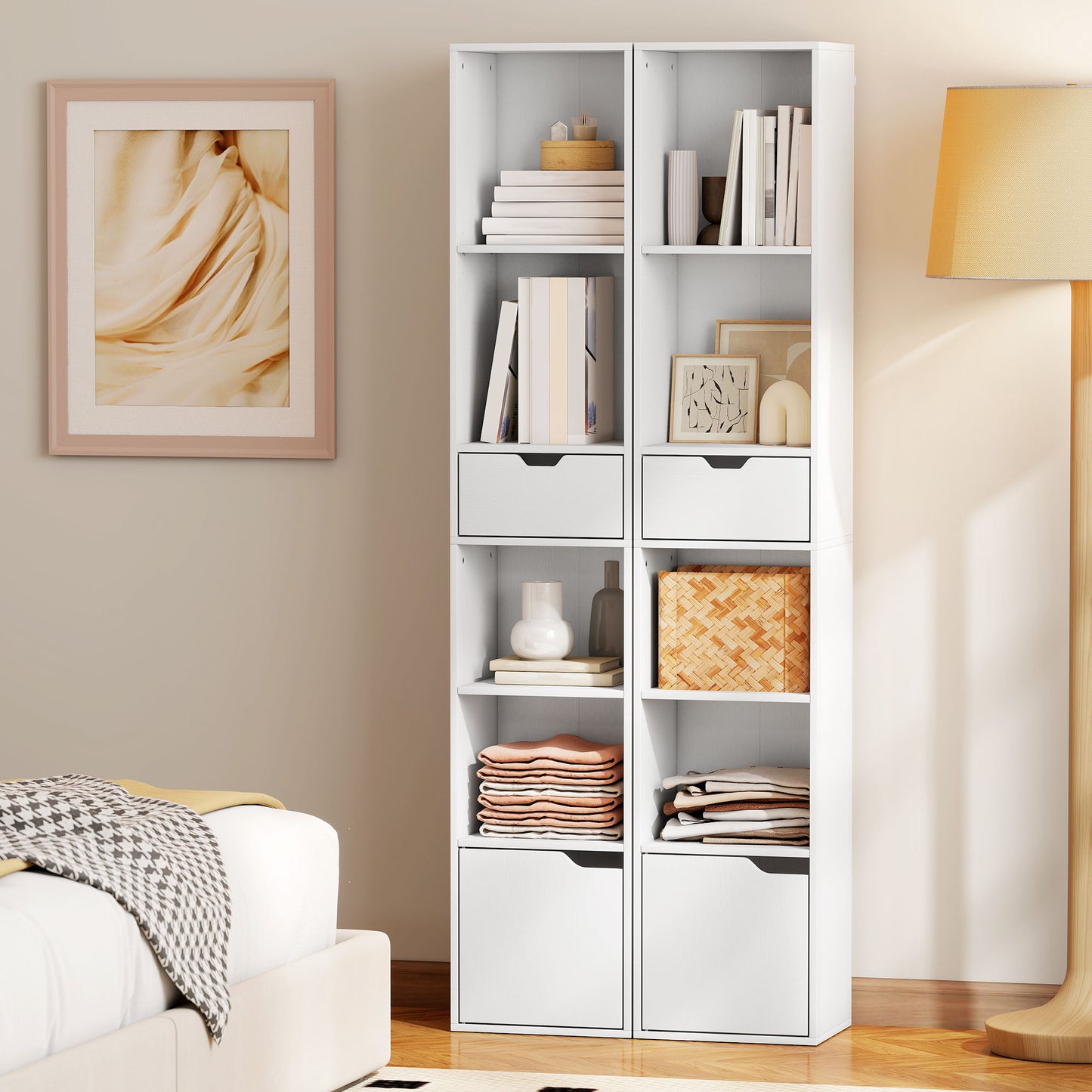 HOMCOM 6-Tier Tall Narrow Bookcase With Drawer And Door White Finish For Living Room Office Storage