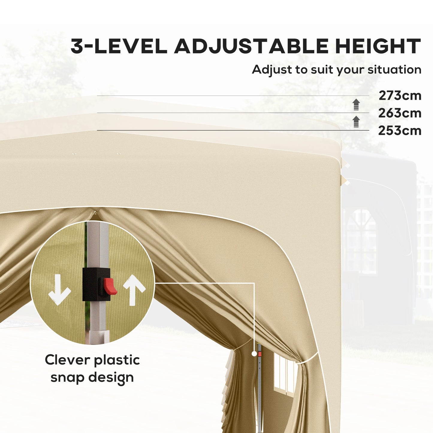Outsunny 3x3m Pop Up Gazebo Shelter UPF50 Canopy UV Protection Adjustable Height 253cm 263cm 273cm Sand