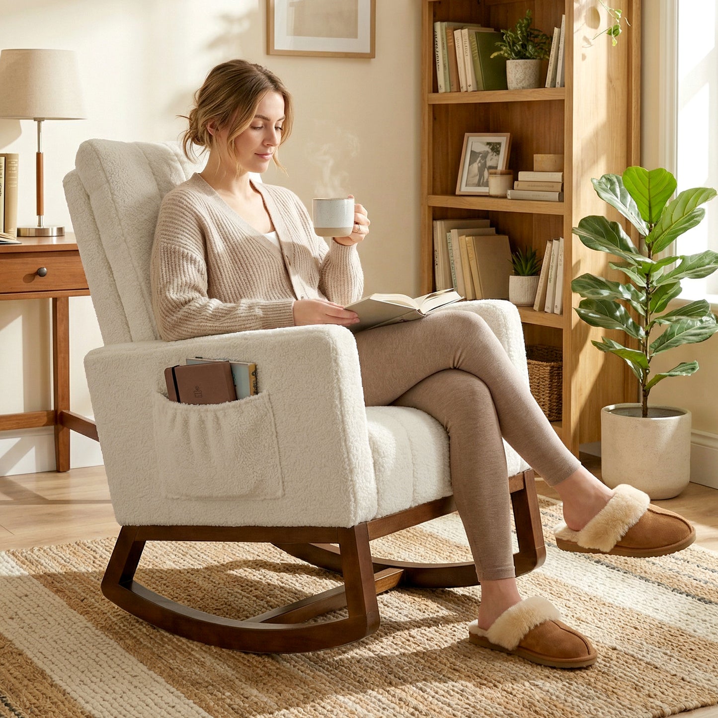 HOMCOM Rocking Chair for Adults with Lumbar Pillow and High Back Wood Base Side Pockets Cream White