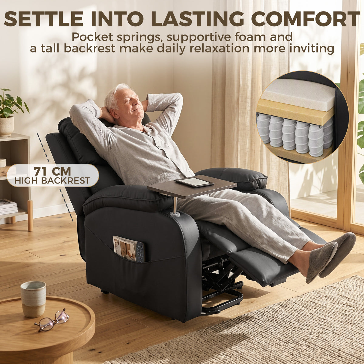 Electric lift recliner reclined position with tall backrest and spring support detail