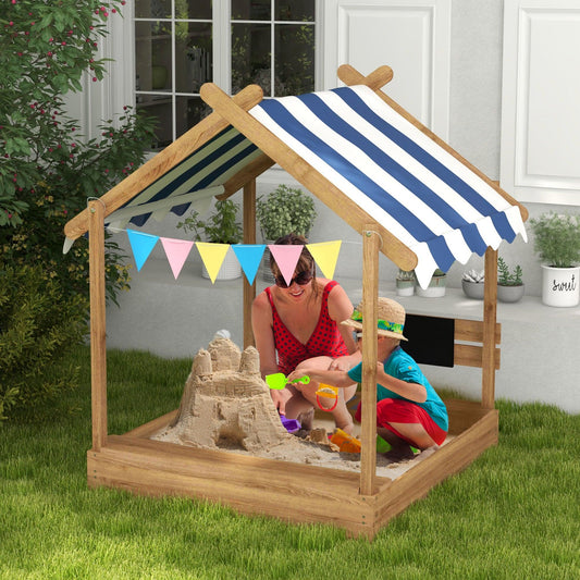 Outsunny Wooden Sandbox with Canopy House Design Brown - ALL4U RETAILER LTD