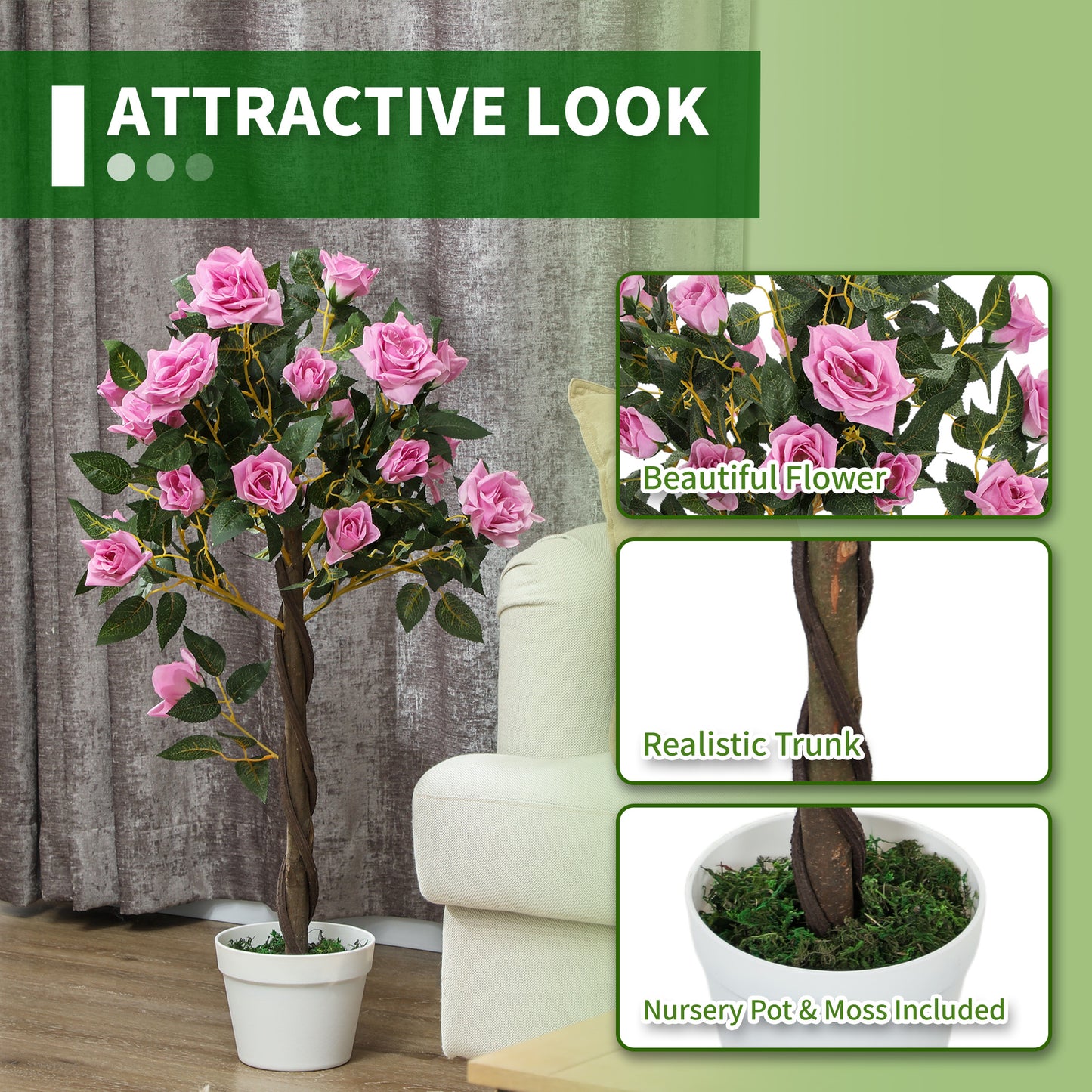 Outsunny Set Of 2 Artificial White Rose Floral Plants In Pots 90cm Purple Realistic Fake Indoor Decor