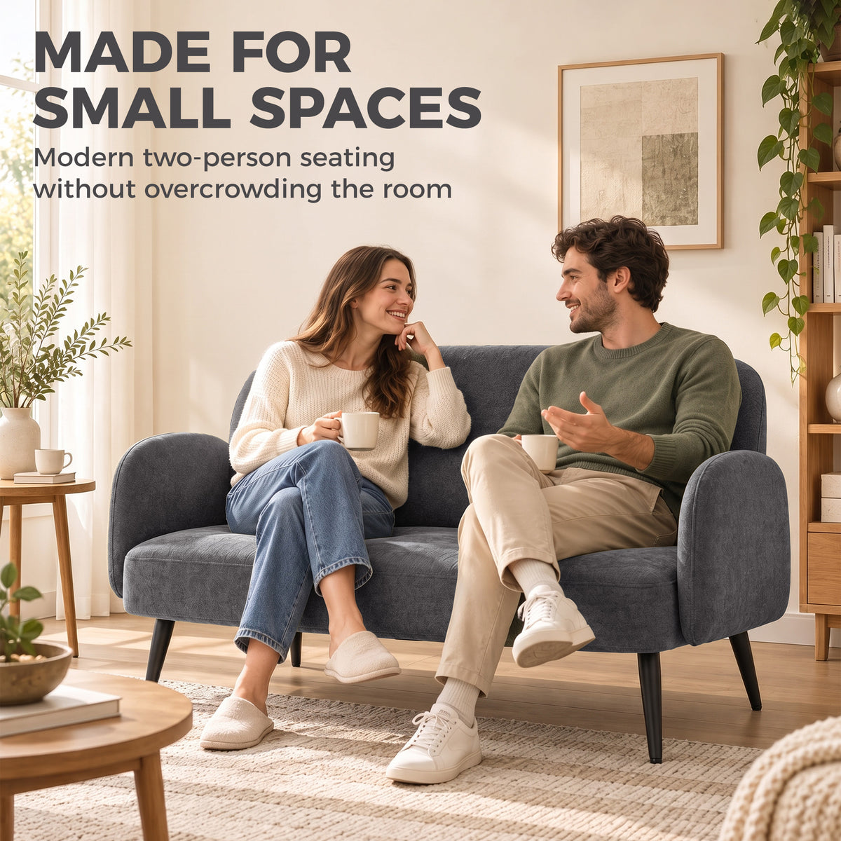 Dark grey velvet small sofa with wide seat, rounded arms, and tapered metal legs