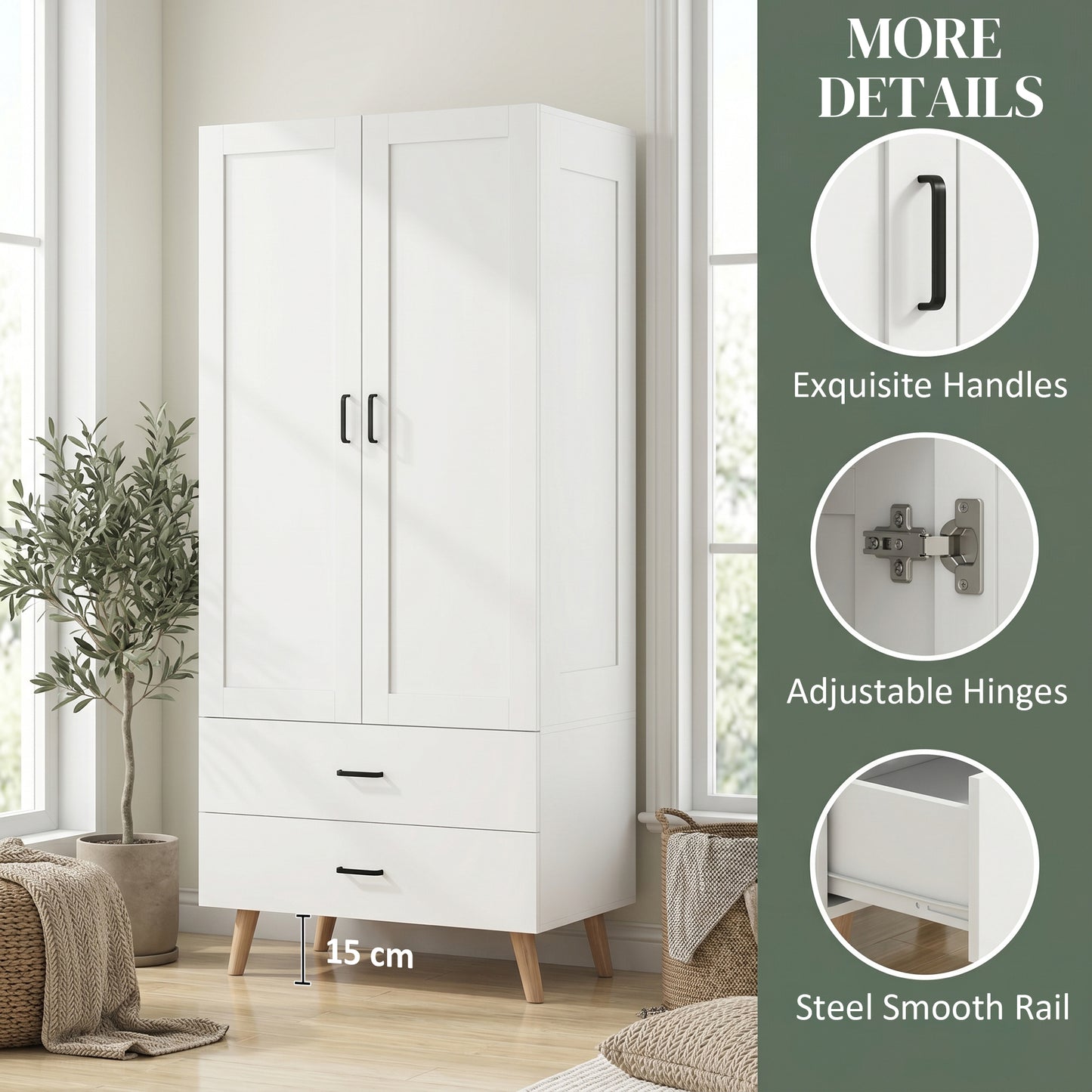 HOMCOM 2 Door Wardrobe With 2 Drawers And Hanging Rail In White For Bedroom Storage