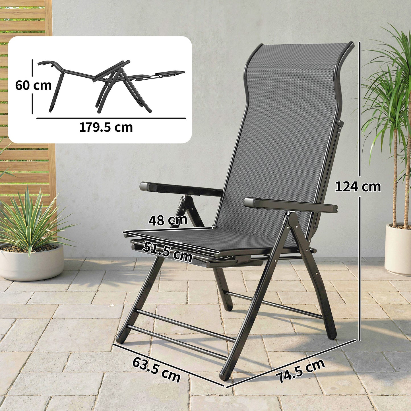 Outsunny Reclining Garden Chairs 2 Pack 5 Position Folding Sun Loungers With High Back Retractable Footrest Dark Grey