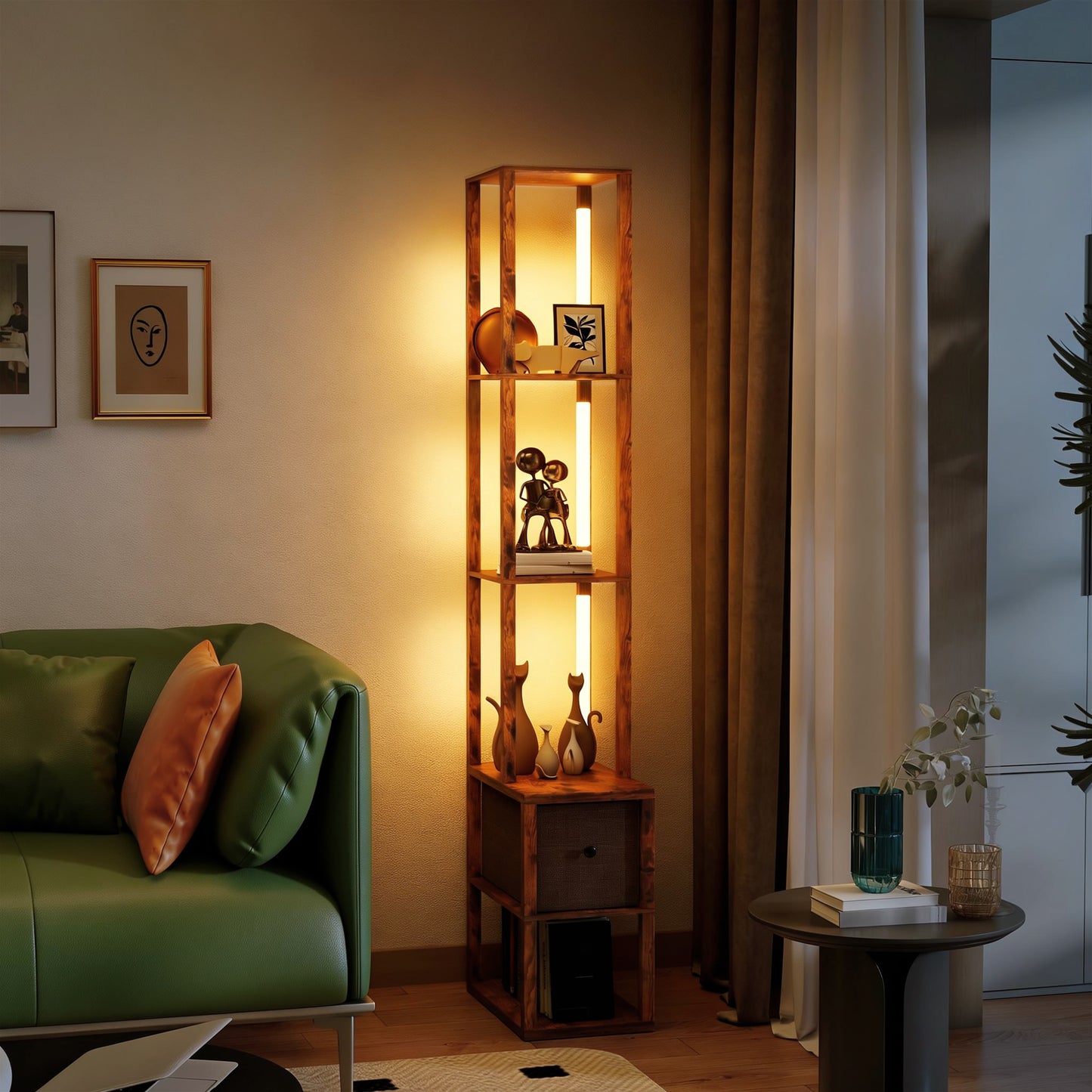 HOMCOM Floor Lamp With Shelves LED Column Standing Fabric Drawer Adjustable Brightness Foot Switch Rustic Brown