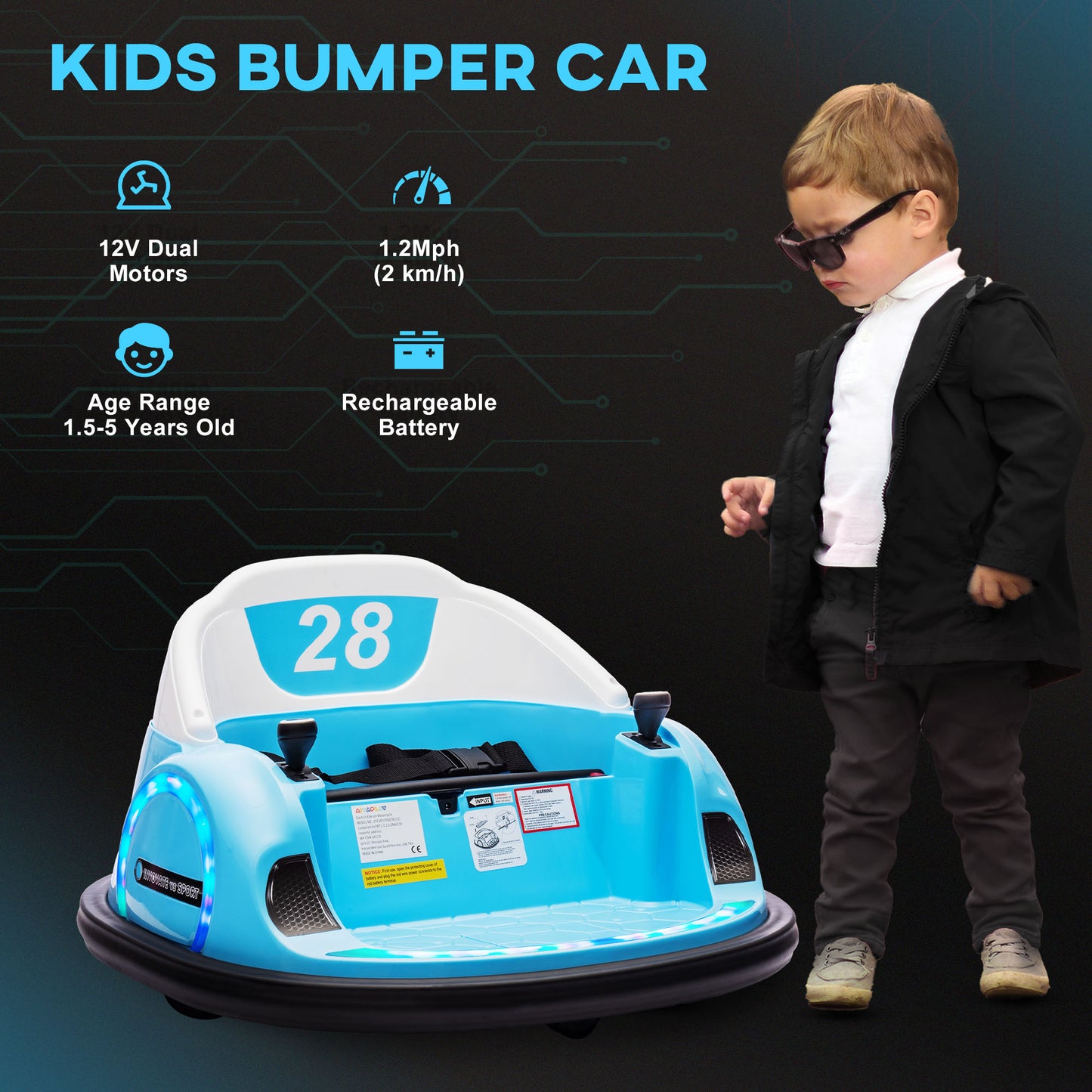 AIYAPLAY Light Blue 360° Rotating Kids Bumper Car with Remote Control, Joysticks, Music & LED Lights