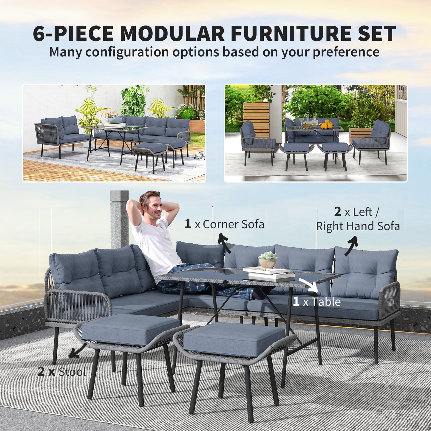 Outsunny 6 Piece Rattan Garden Furniture Set Charcoal Grey 8 Seater Corner Sofa With Cushions Glass Top Table And Stools
