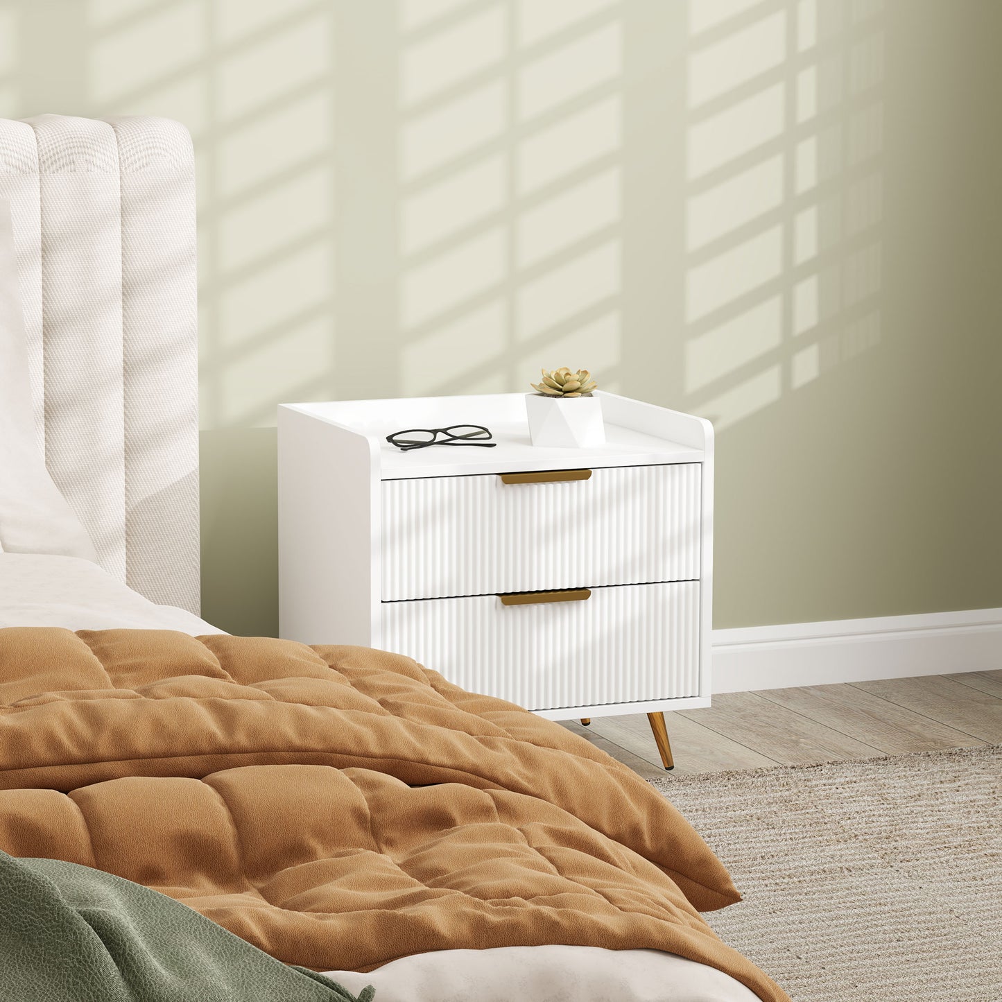 HOMCOM Elegant Two Drawer Bedside Tables Set Of 2 White With Ridged Fronts And Gold Tone Handles