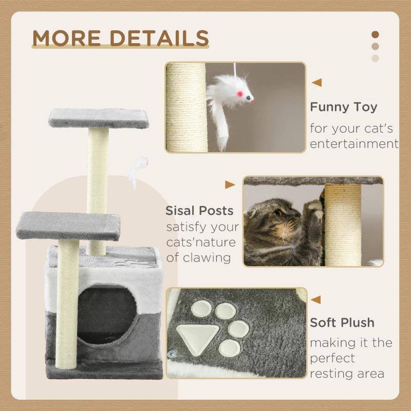 PawHut Cat Tree with Sisal Scratching Posts, House, Perches, Toy Mouse - Grey | Interactive Cat Furniture for Entertainment and Exercise - ALL4U RETAILER LTD