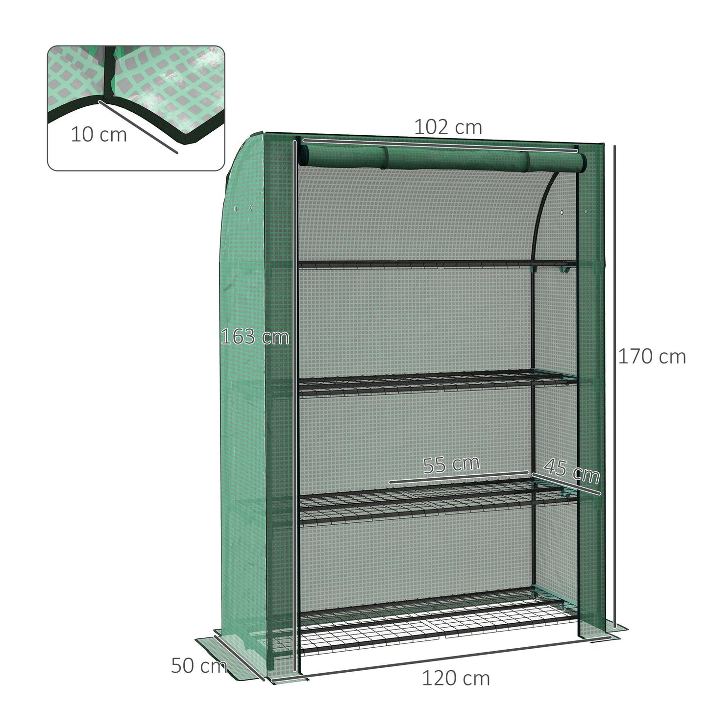 Outsunny 4 Tier Mini Greenhouse with Reinforced PE Cover, Portable Green House w/ Roll-up Door and Wire Shelves, 170H x 120W x 50Dcm, Green - ALL4U RETAILER LTD