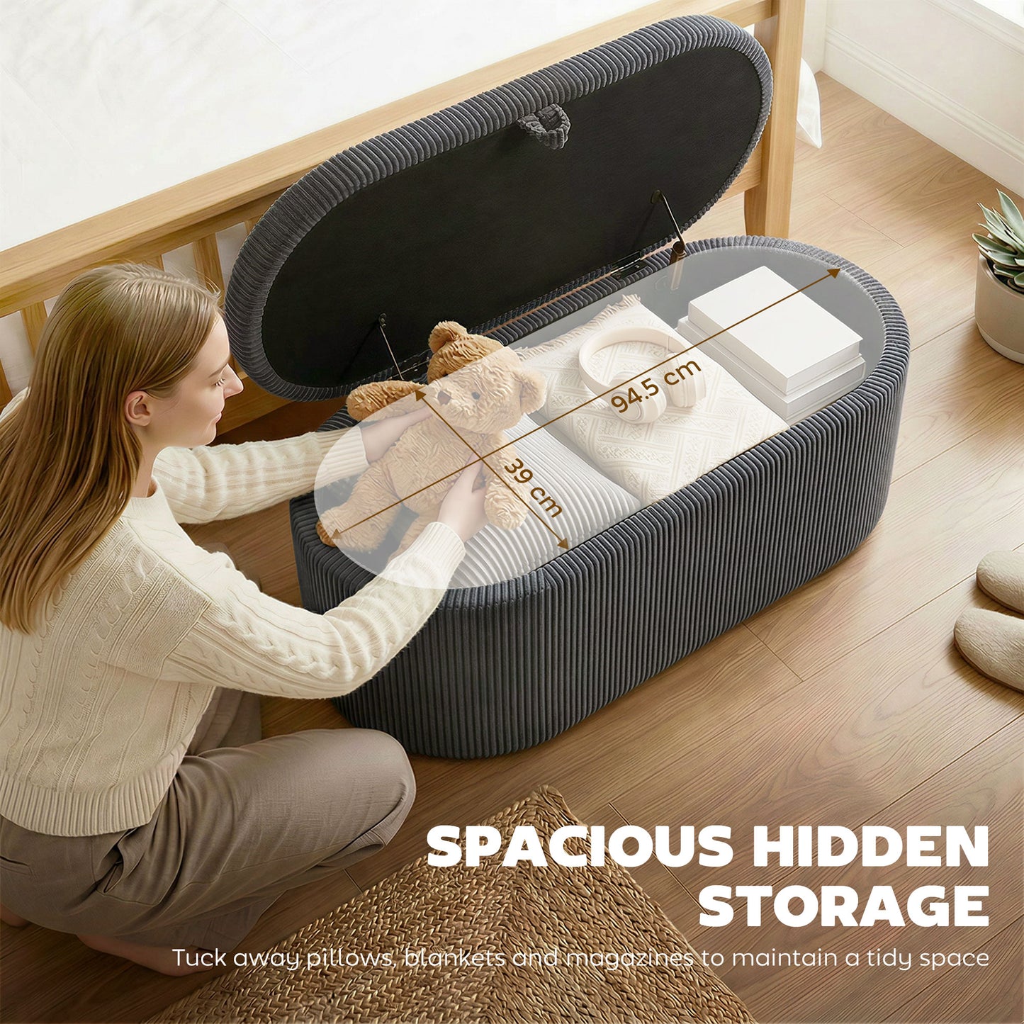 HOMCOM Storage Ottoman Corduroy Upholstered Storage Box With Padded Seat Dark Grey