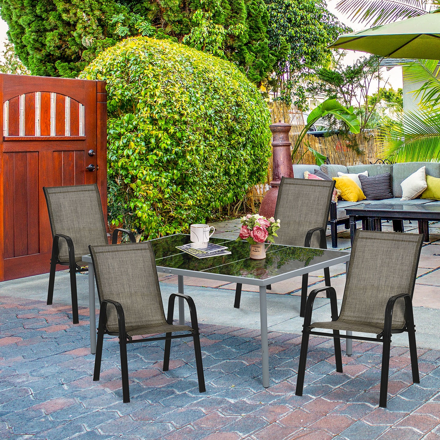 Outsunny Set of 4 Stacking Outdoor Dining Chairs with High Backrest and Armrests in Mixed Brown Mesh Fabric - ALL4U RETAILER LTD