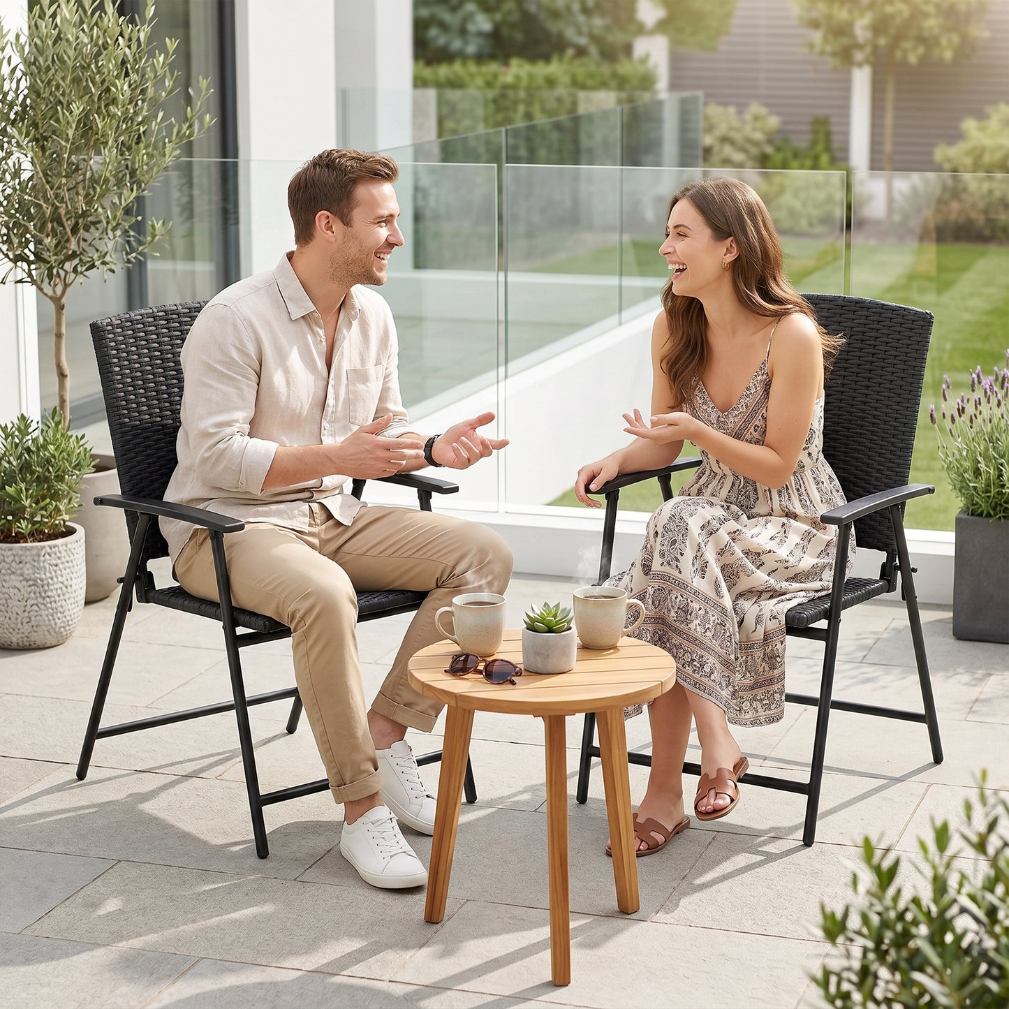 Outsunny Set Of Two Folding Rattan Chairs Black Outdoor Weather Resistant Steel Frame