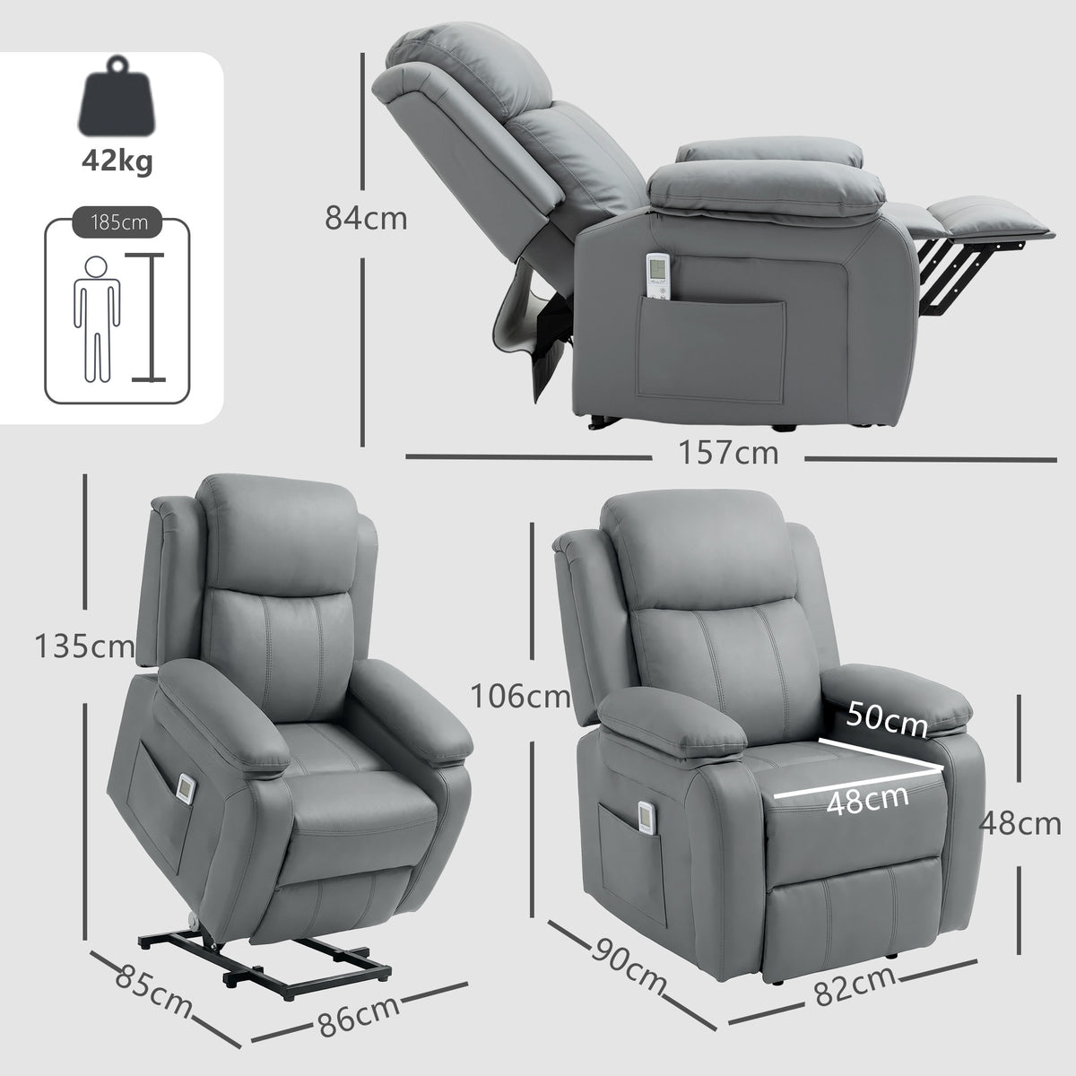 Grey power lift recliner chair with size diagram and recline/legrest measurements
