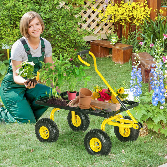 Outsunny Heavy Duty Garden Cart With Metal Frame 10 Inch Pneumatic Wheels Rotating Handle 150kg Capacity Yellow