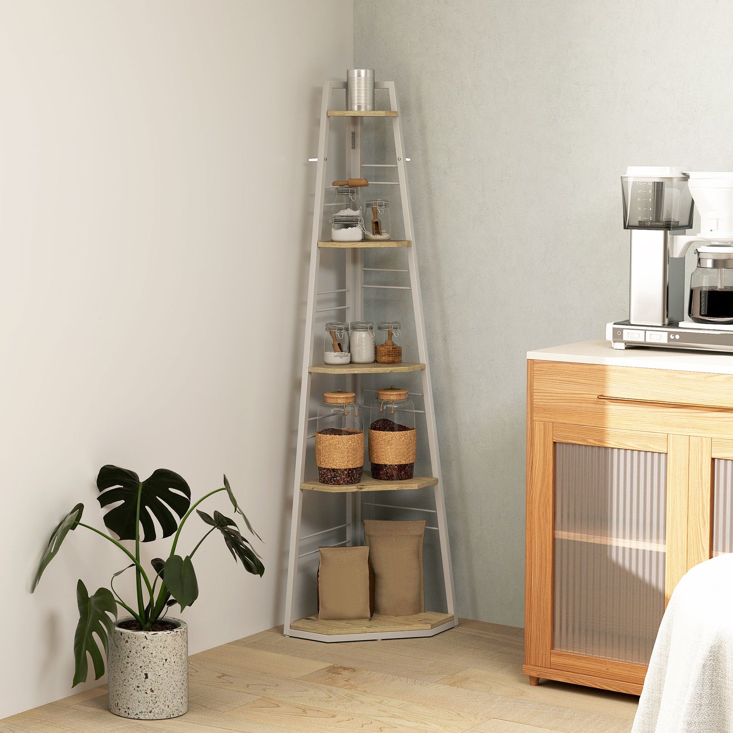 HOMCOM Five Tier Corner Shelf White Wood Effect Steel Frame Ladder Organizer For Living Room Decor With Adjustable Feet