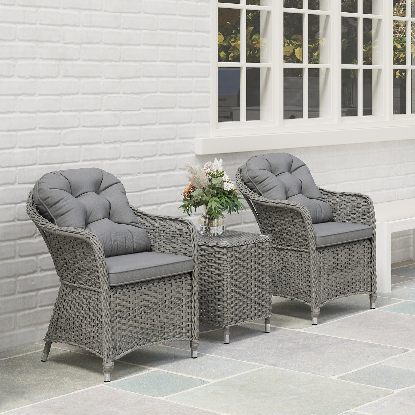 Outsunny Three Piece Super Padded Rattan Set Outdoor Patio Garden Table And Two Chairs Light Grey