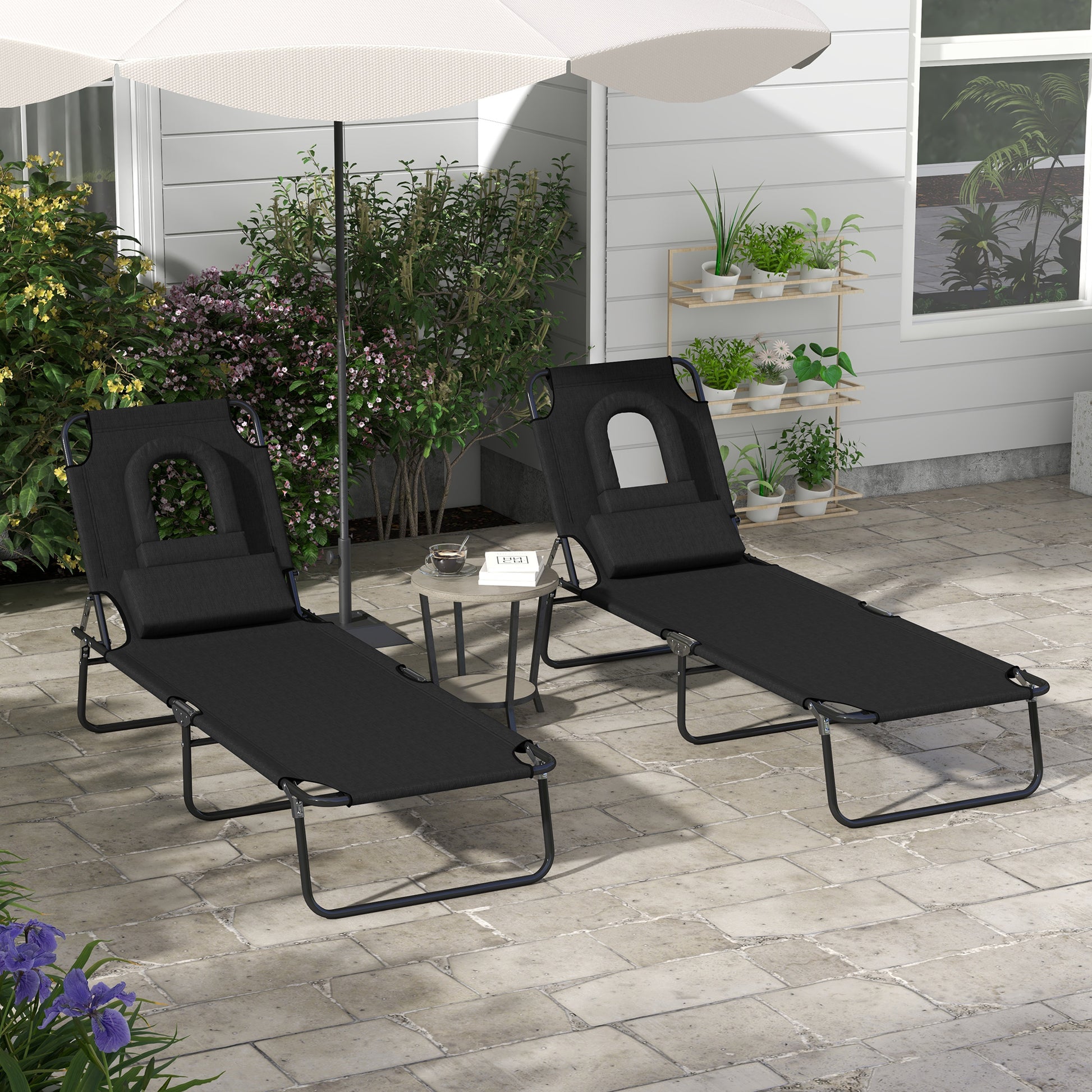 Outsunny Adjustable Outdoor Sun Lounger Set of 2 with Padded Face Hole and Reclining Backrest - Black - ALL4U RETAILER LTD