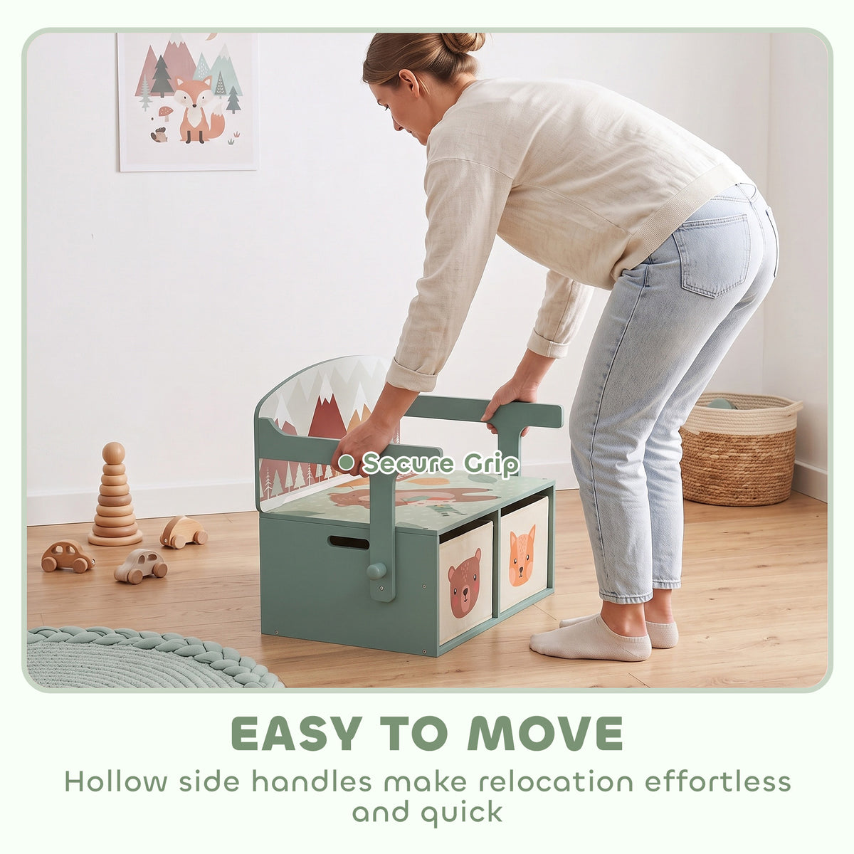 Kids table with side handles and open toy storage, woodland animal play theme