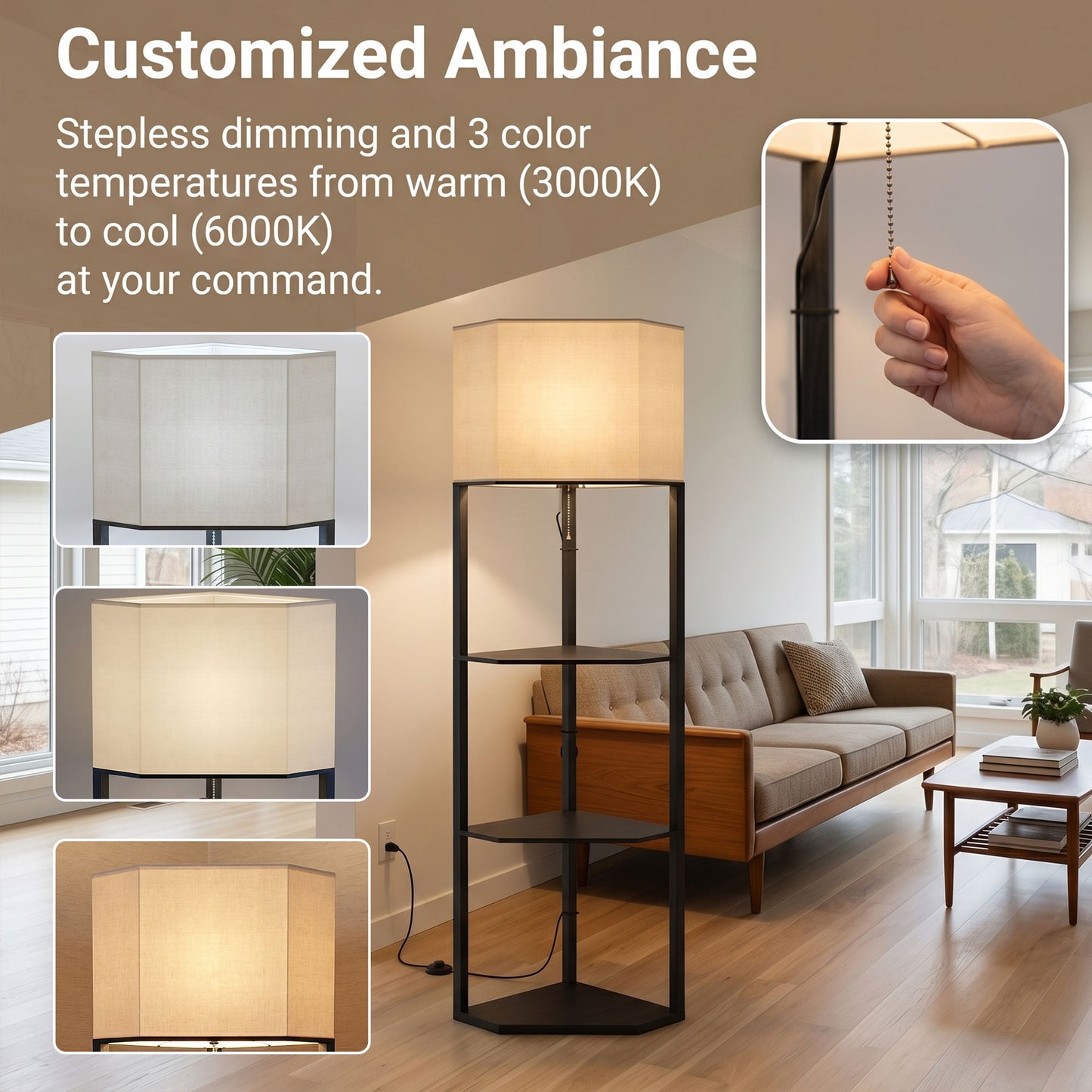 HOMCOM Corner Floor Lamp With Shelves And Dimmable Lights 3000K 4000K 6000K Color Temperature