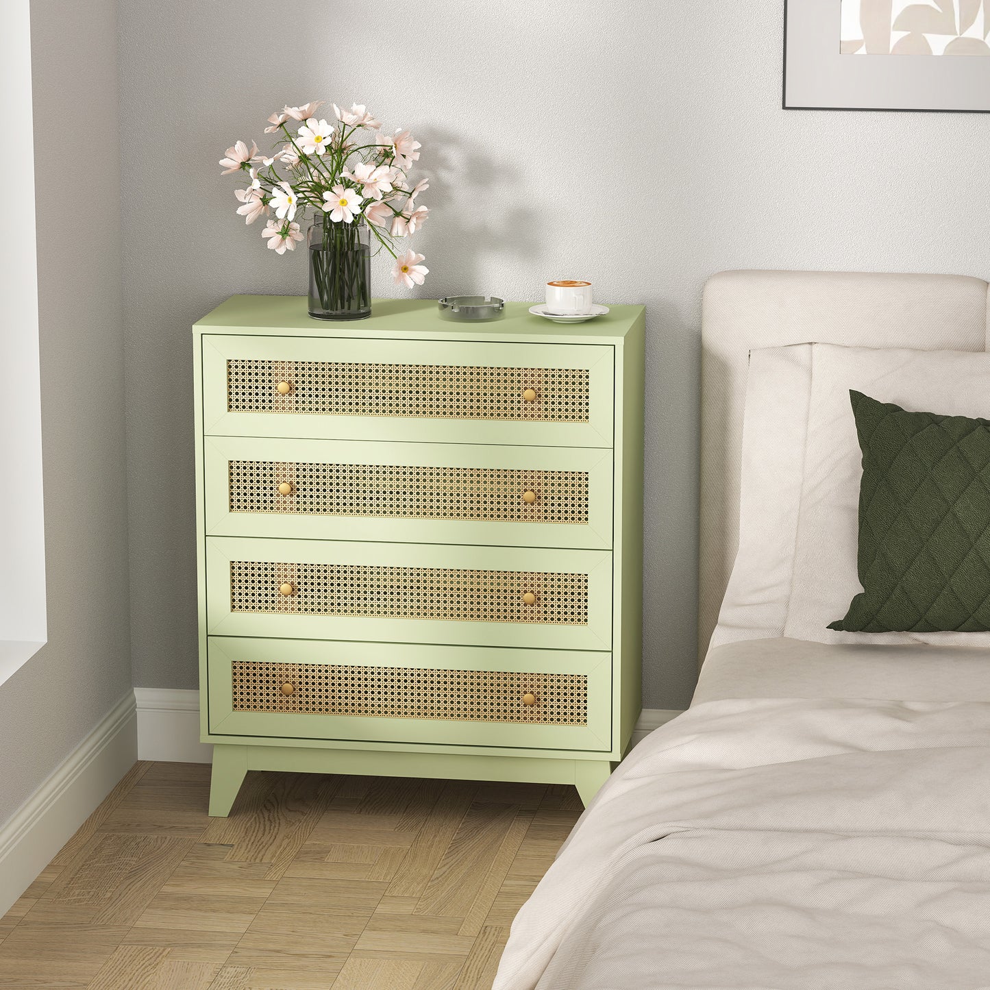 HOMCOM Chest Of Drawers 4 Drawer Storage Organiser With Rattan Weave Panel For Bedroom And Living Room In Light Green