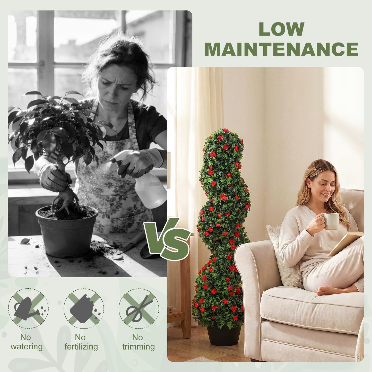 HOMCOM Artificial Rose Spiral Topiary Tree Set Of 2 For Indoor Outdoor Use 90cm With 630 Leaves