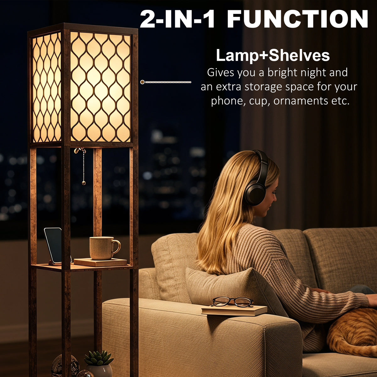 Rustic floor lamp with dual light sections and built-in shelves, glowing next to a sofa.