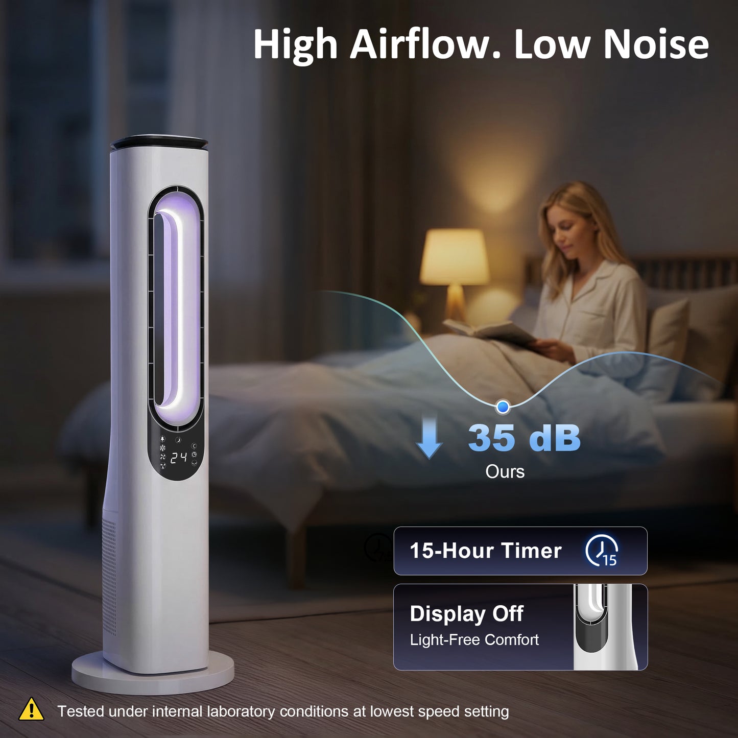 HOMCOM Bladeless Tower Fan Bedroom Quiet 35 dB Sleep Mode 50 Degree Oscillation LED Display 3 Speeds 15 Hour Timer White