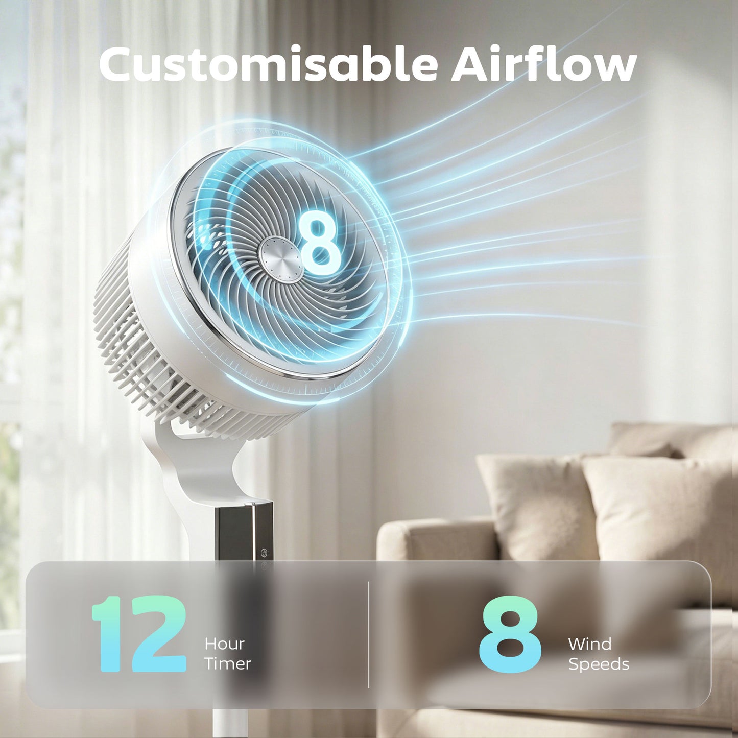 HOMCOM 20 Decibel Silent Pedestal Fan With Remote 46 Inch 85 Degree Oscillation 8 Speeds Aromatherapy Pad White