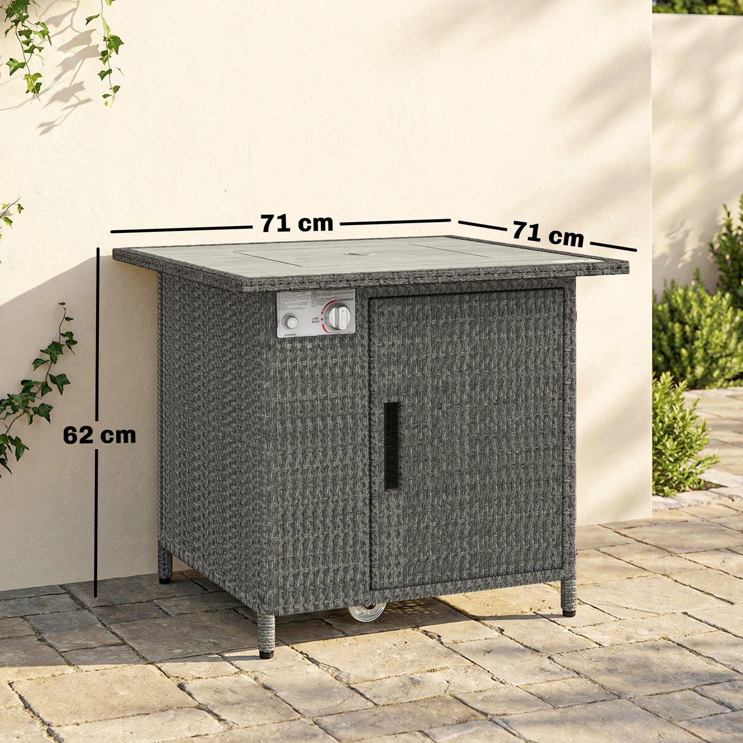 Outsunny 14.5 KW Rattan Gas Fire Pit Dining Table With Rain Cover Wind Guard Lid Lava Rocks Dark Grey