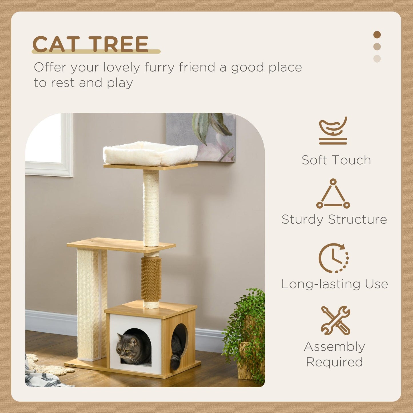 PawHut Cat Tree with Scratching Posts, Cat House, Cat Bed, Perches, 59.5 x 39.5 x 114 cm, Oak Tone - ALL4U RETAILER LTD