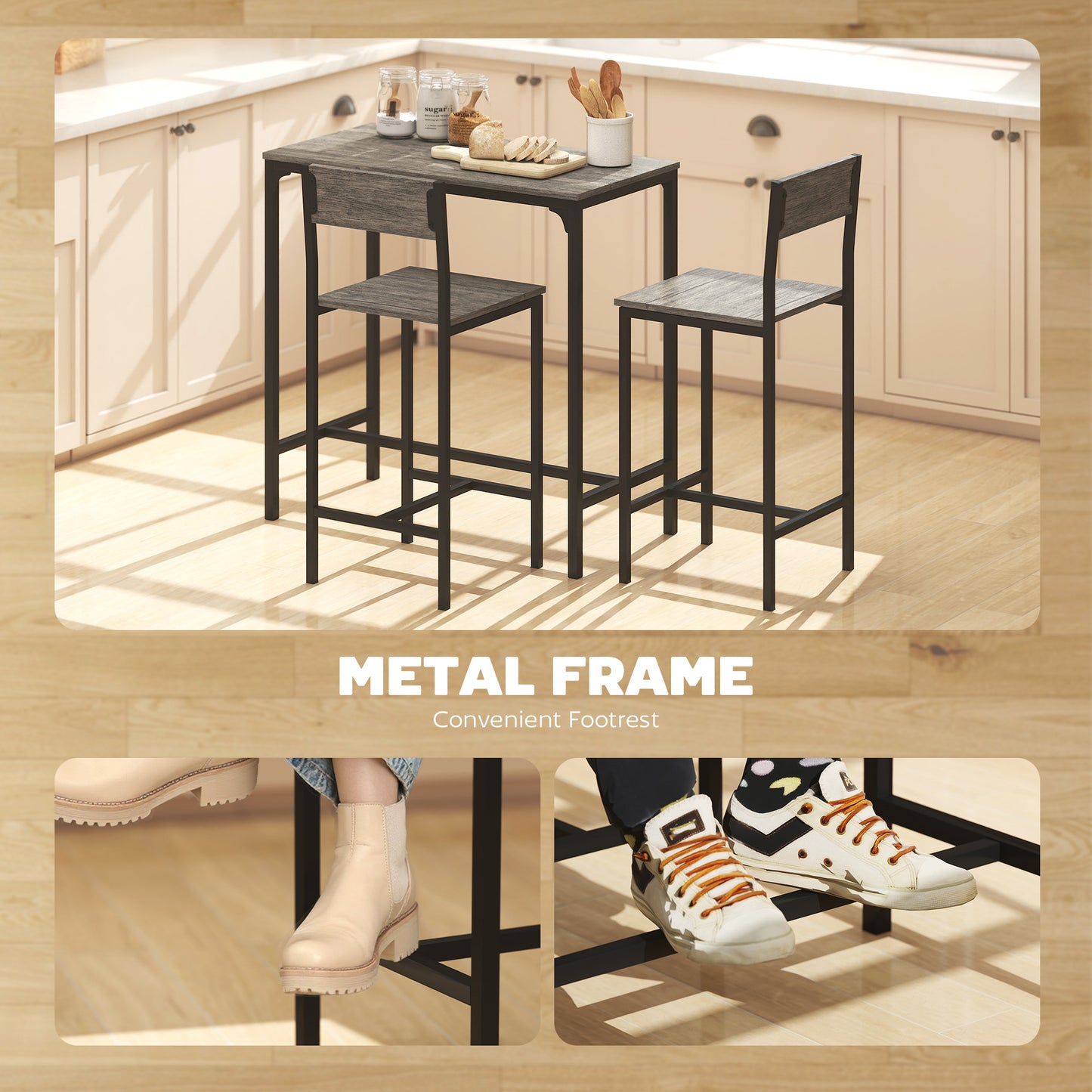 HOMCOM 3 Piece Bar Table Set With 2 Stools Industrial Breakfast Bar Set With Footrests And Backrests For Dining Room